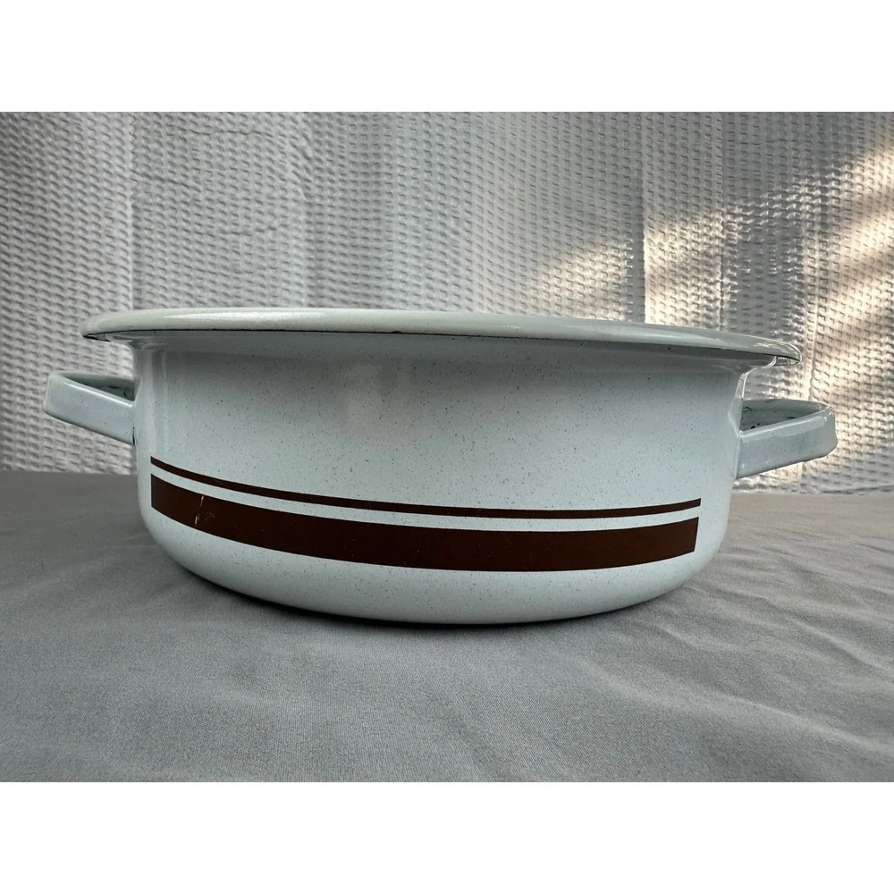 Vintage Enamel Casserole Pot Brown Stripe w/‎ Handles Mid Century Style NO lid
